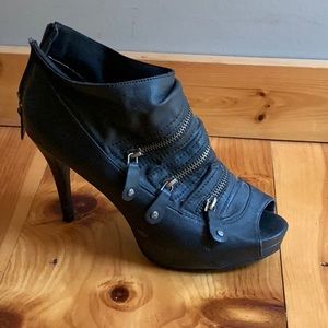 Black peep toe heels with zippers